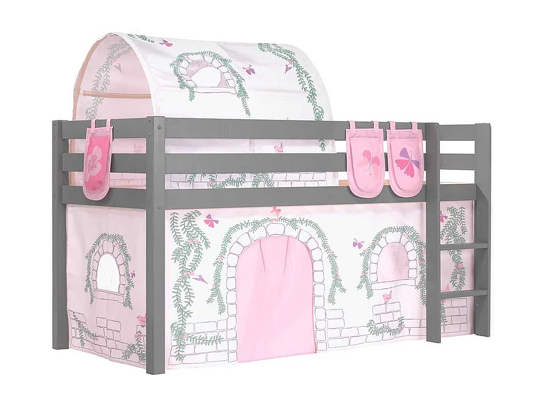 Kinderspielbett in Grau und Rosa Stofftunnel und Vorhang