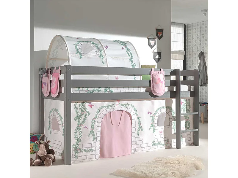 Kinderspielbett in Grau und Rosa Stofftunnel und Vorhang