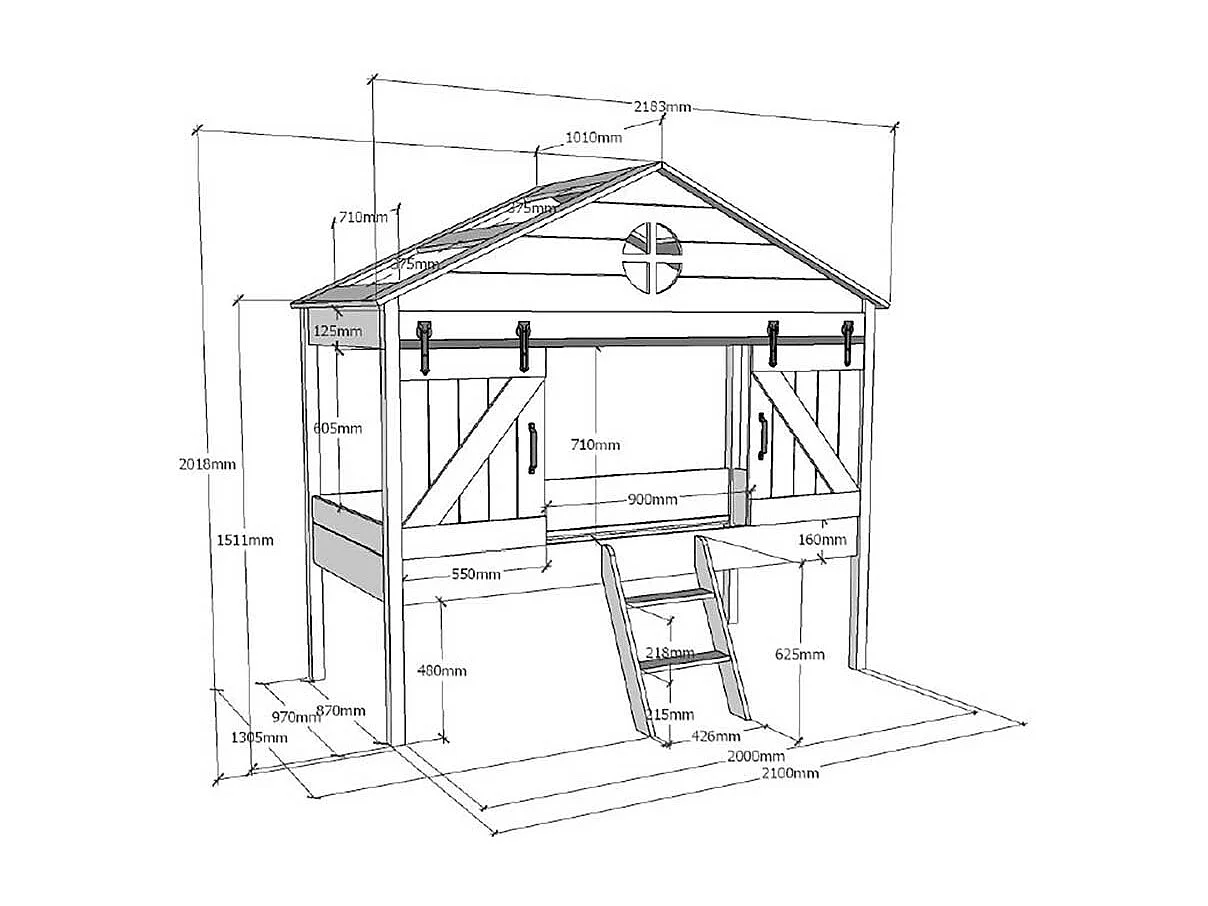 Hochbett Kind in Scheunen Form 202 cm hoch