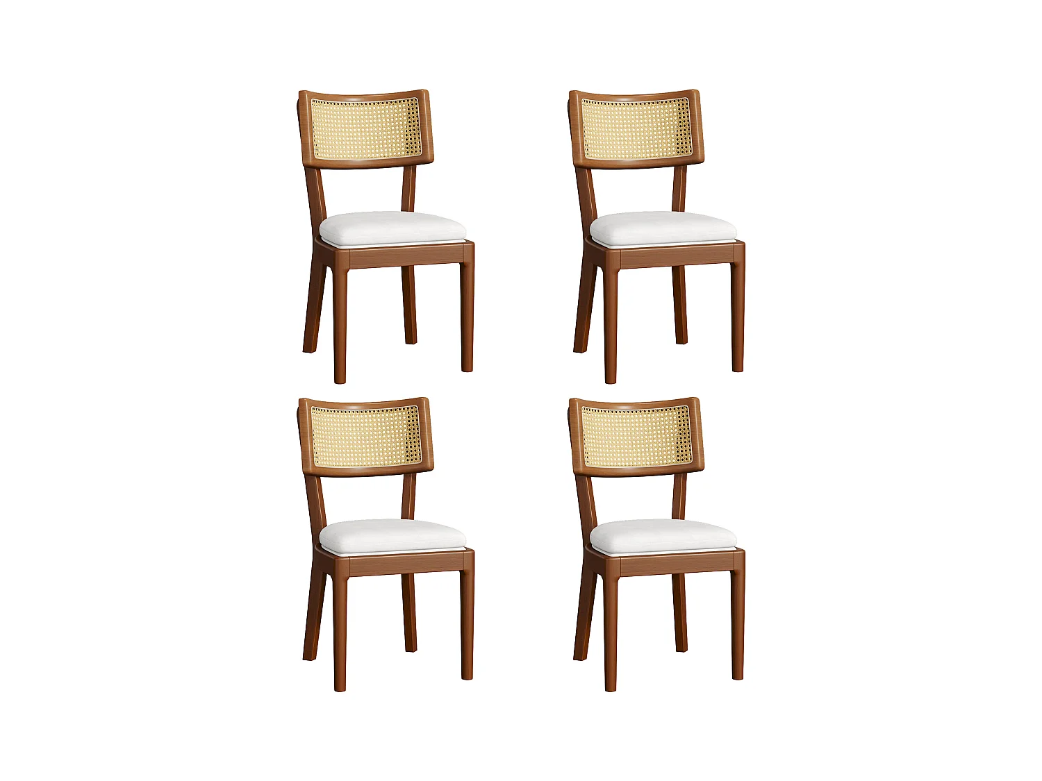 Lot de 4 chaises de salle à manger en bois massif avec dossiers en rotin - coussin en velours - 50 x 58 x 88 cm - marron