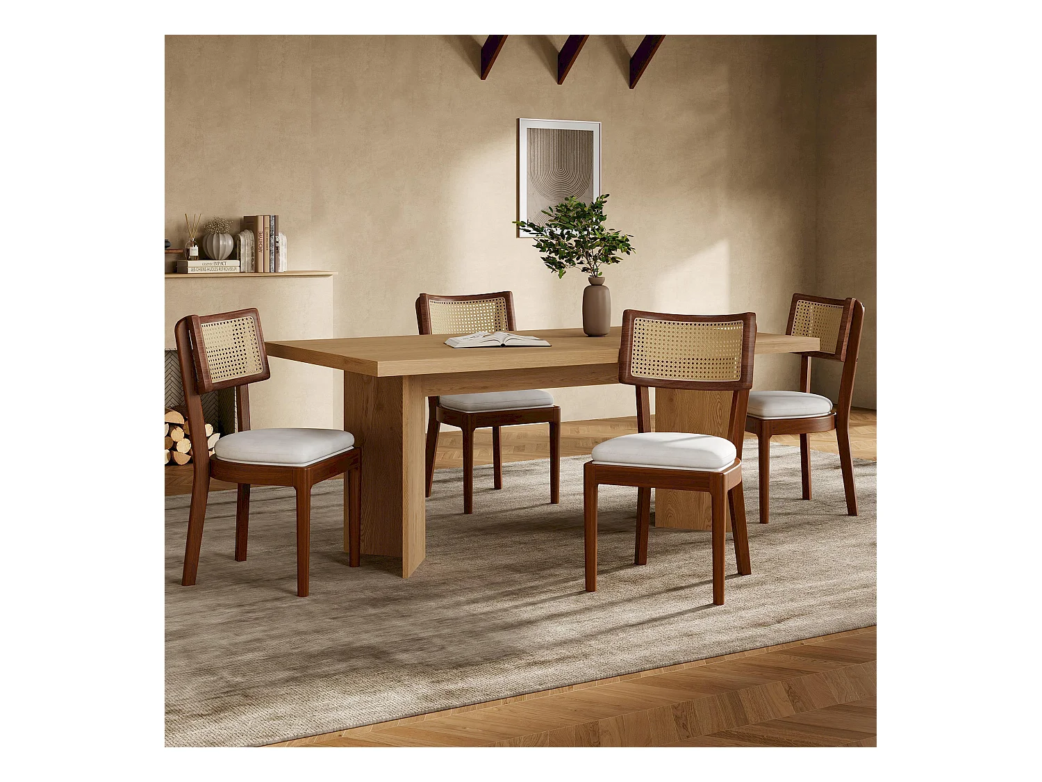 Set van 4 massief houten eetkamerstoelen met rotan rugleuningen - fluwelen kussen - 50 x 58 x 88 cm - bruin