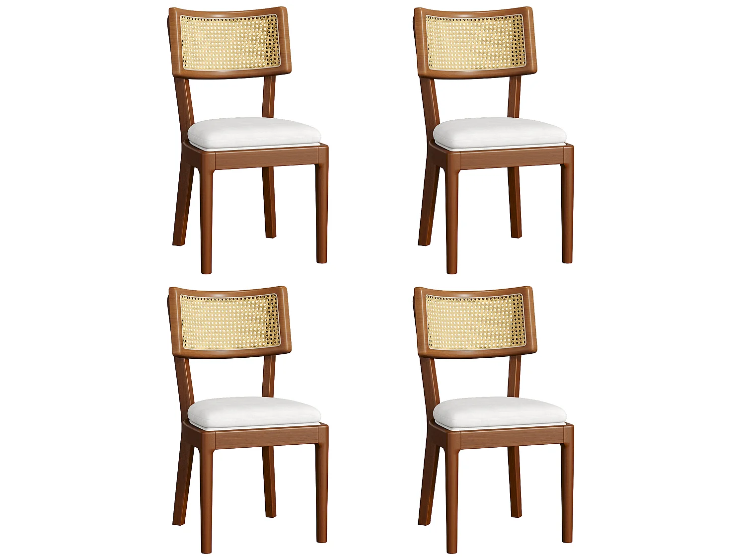 Set di 4 sedie da pranzo in legno massello con schienali in rattan - cuscino in velluto - 50 x 58 x 88 cm - marrone