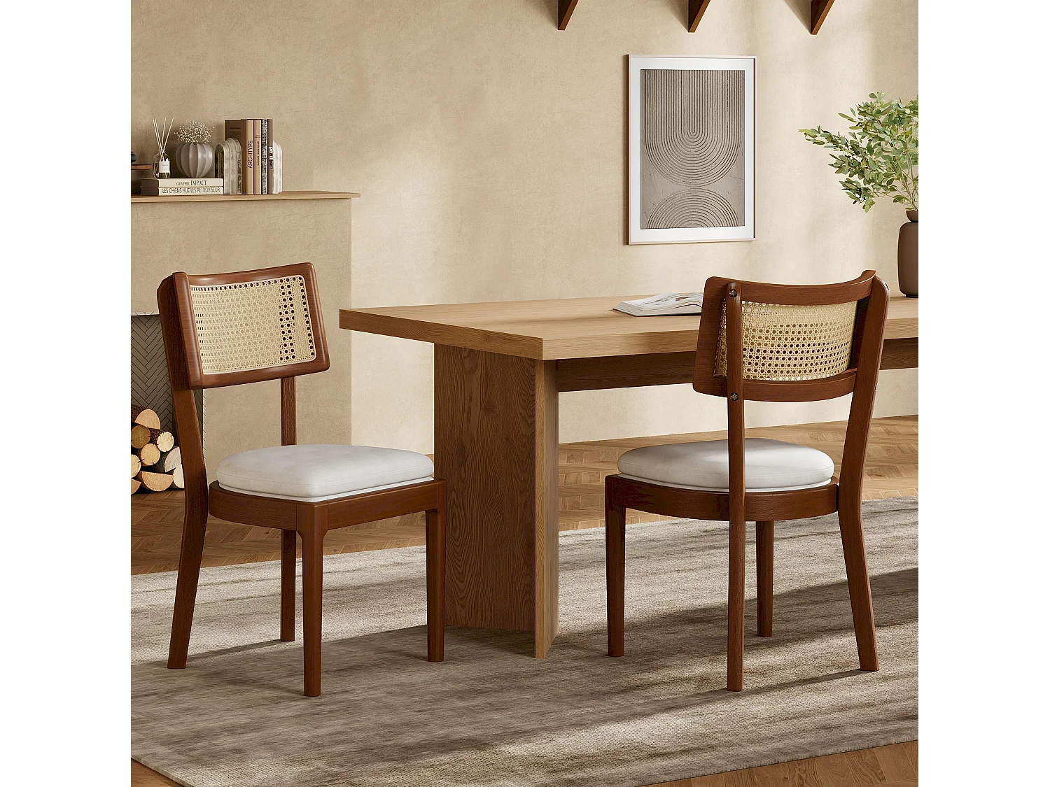 Set di 4 sedie da pranzo in legno massello con schienali in rattan - cuscino in velluto - 50 x 58 x 88 cm - marrone