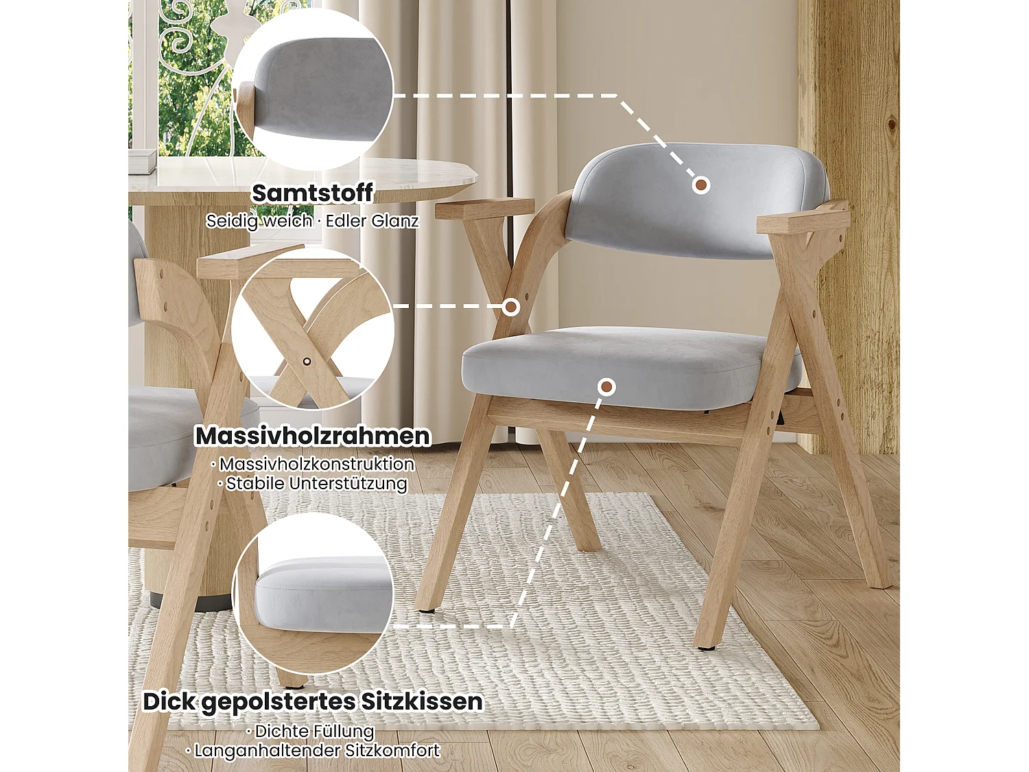 Lot de 6 chaises de salle à manger pliantes - pliables et rangeables - coussin en velours - 64.5 x 66.5 x 73 cm - bois - gris