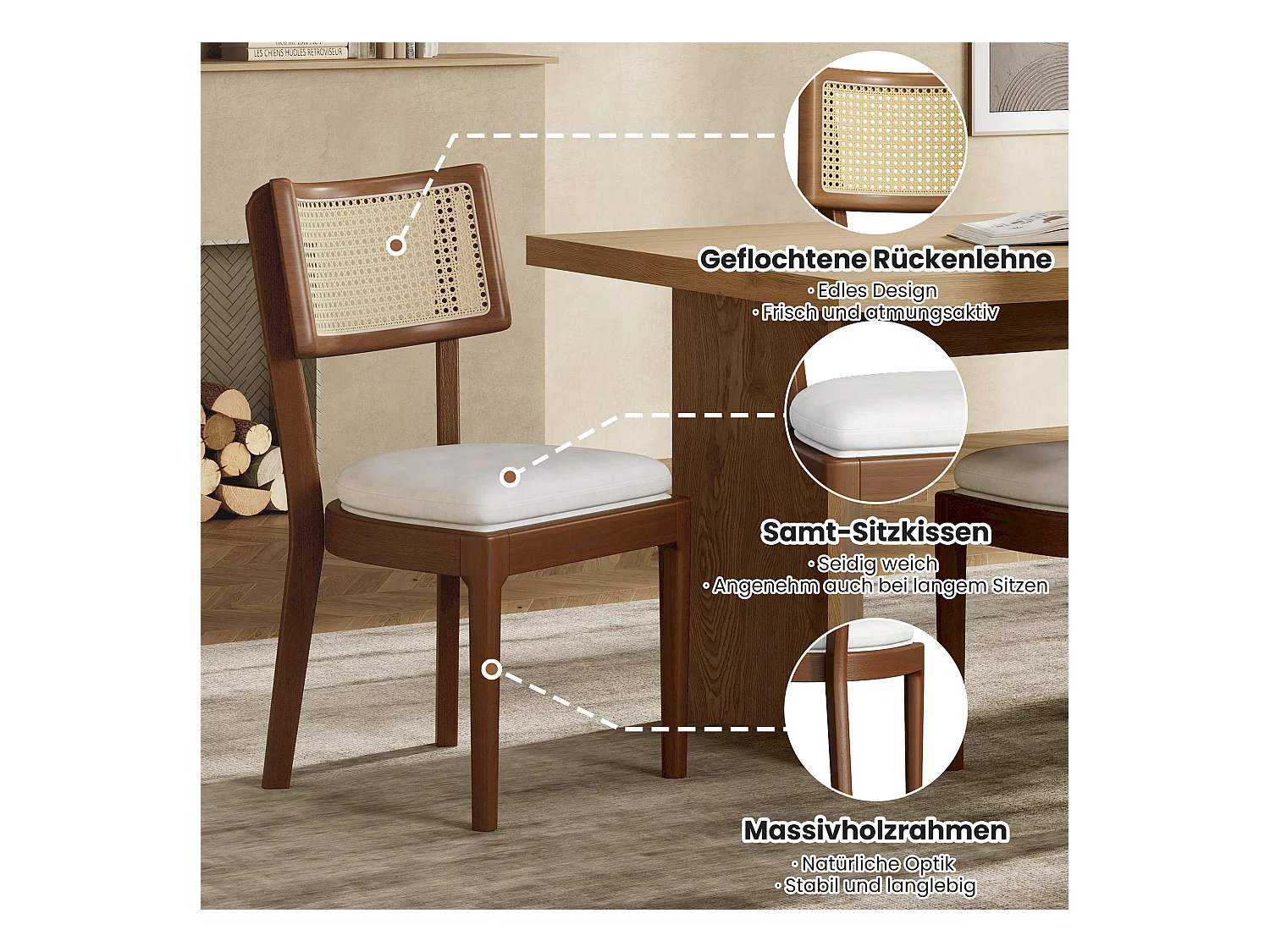 Lot de 6 chaises de salle à manger en bois massif avec dossiers en rotin - coussin en velours - 50 x 58 x 88 cm - marron