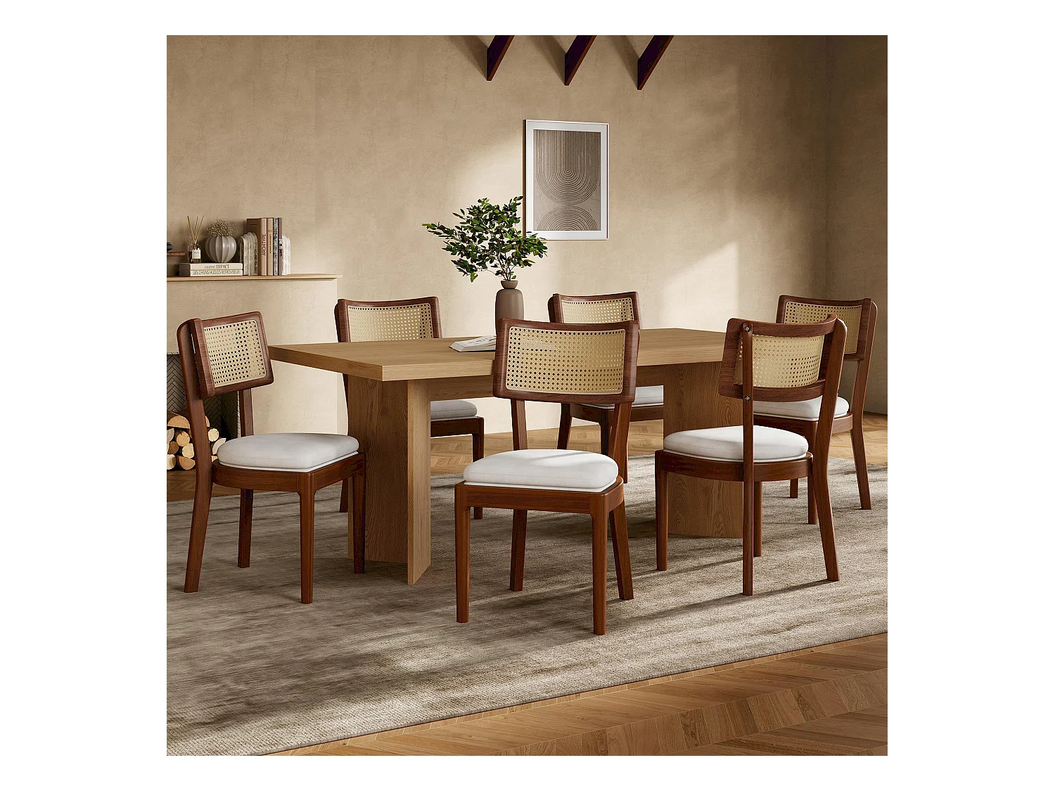 Set van 6 massief houten eetkamerstoelen met rotan rugleuningen - fluwelen kussen - 50 x 58 x 88 cm - bruin