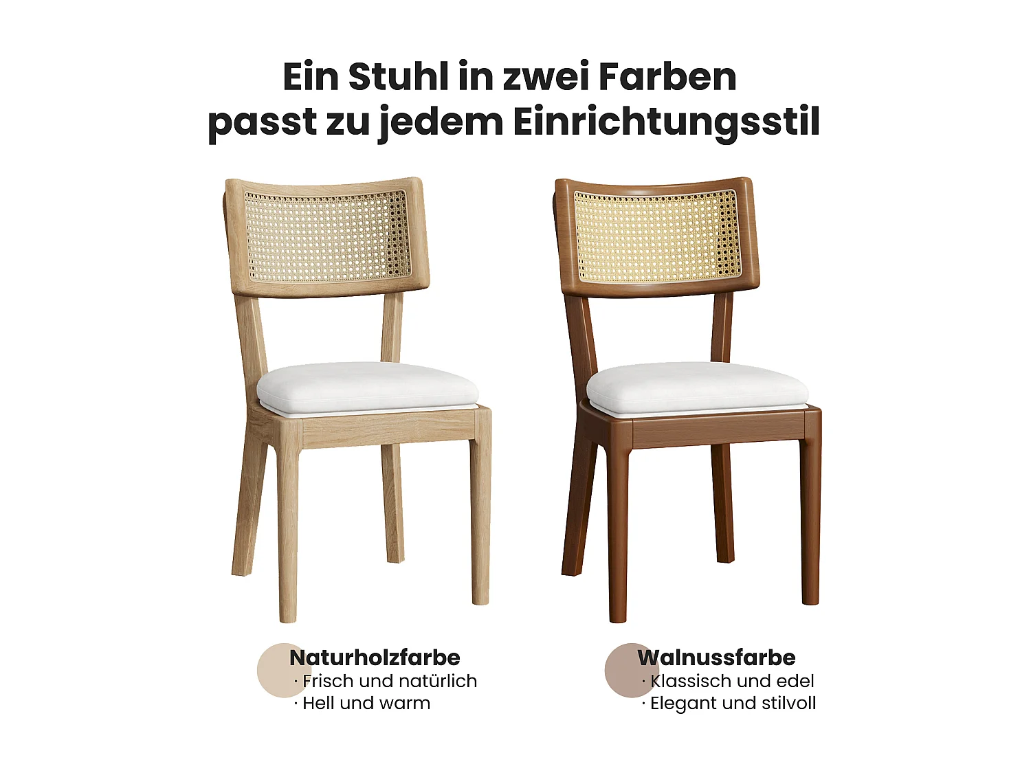 Set van 6 massief houten eetkamerstoelen met rotan rugleuningen - fluwelen kussen - 50 x 58 x 88 cm - bruin