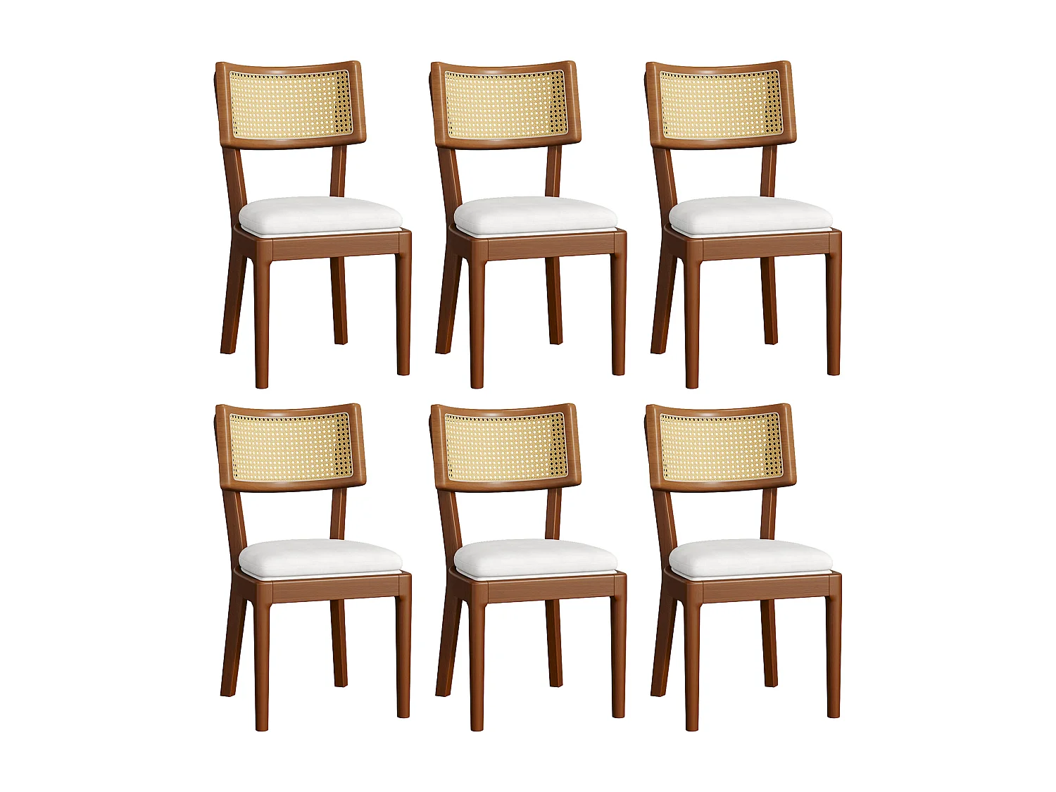 Set van 6 massief houten eetkamerstoelen met rotan rugleuningen - fluwelen kussen - 50 x 58 x 88 cm - bruin