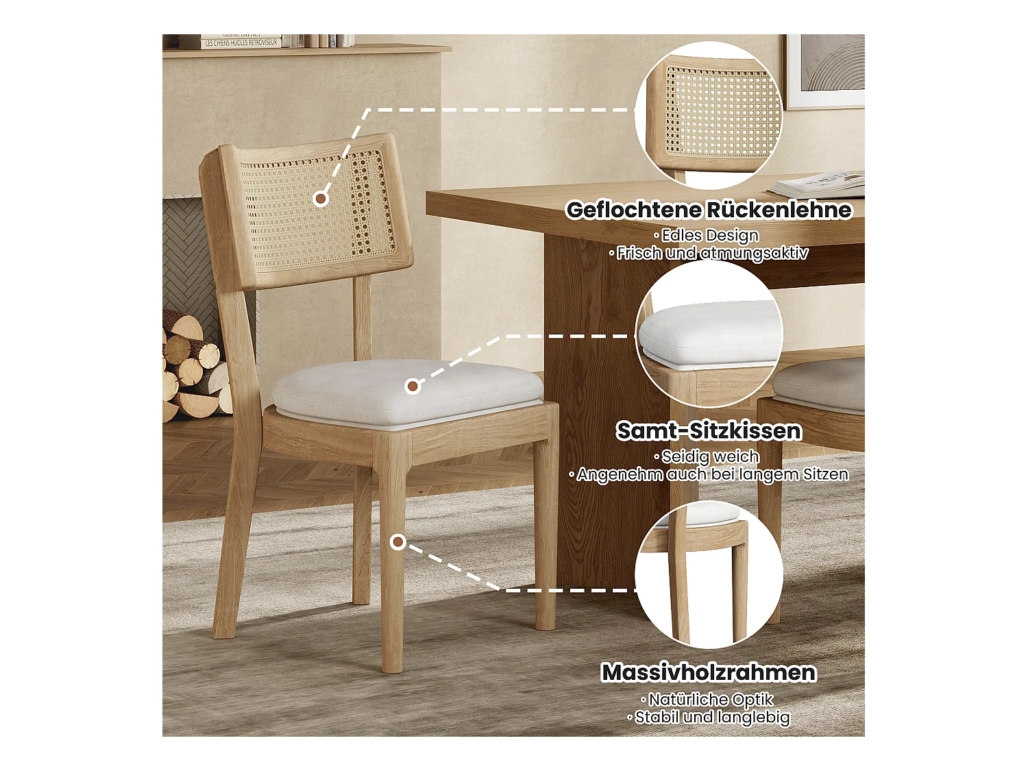 Lot de 6 chaises de salle à manger en bois massif avec dossiers en rotin - coussin en velours - 50 x 58 x 88 cm - naturel