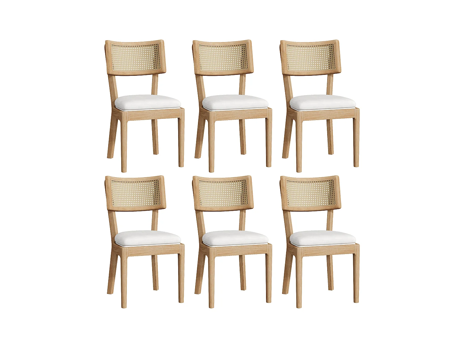 Lot de 6 chaises de salle à manger en bois massif avec dossiers en rotin - coussin en velours - 50 x 58 x 88 cm - naturel