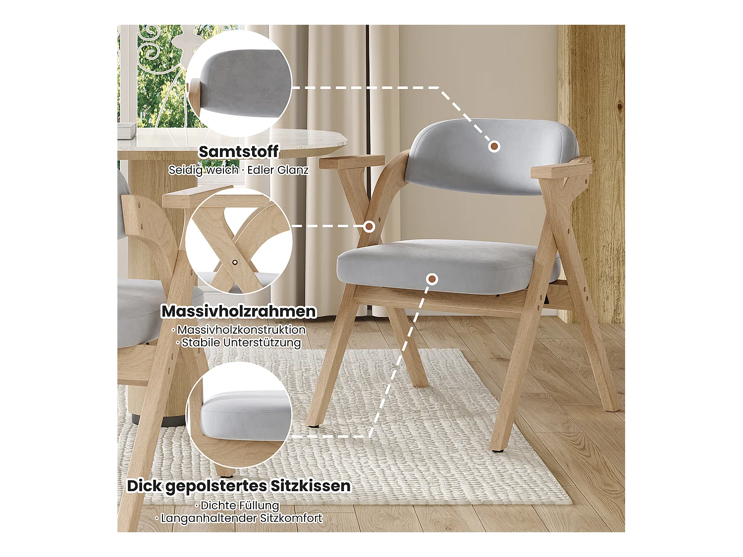 Lot de 2 chaises de salle à manger pliantes - pliables et rangeables - coussin en velours - 64.5 x 66.5 x 73 cm - bois - gris