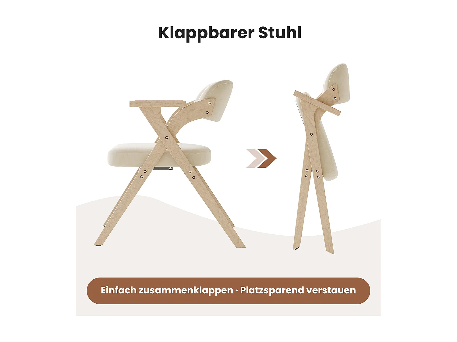 Set van 4 opvouwbare eetkamerstoelen - opvouwbaar en opbergbaar - fluwelen kussen - 64,5 x 66,5 x 73 cm - hout - beige