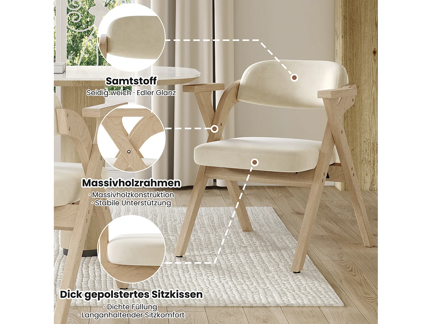 Set van 4 opvouwbare eetkamerstoelen - opvouwbaar en opbergbaar - fluwelen kussen - 64,5 x 66,5 x 73 cm - hout - beige