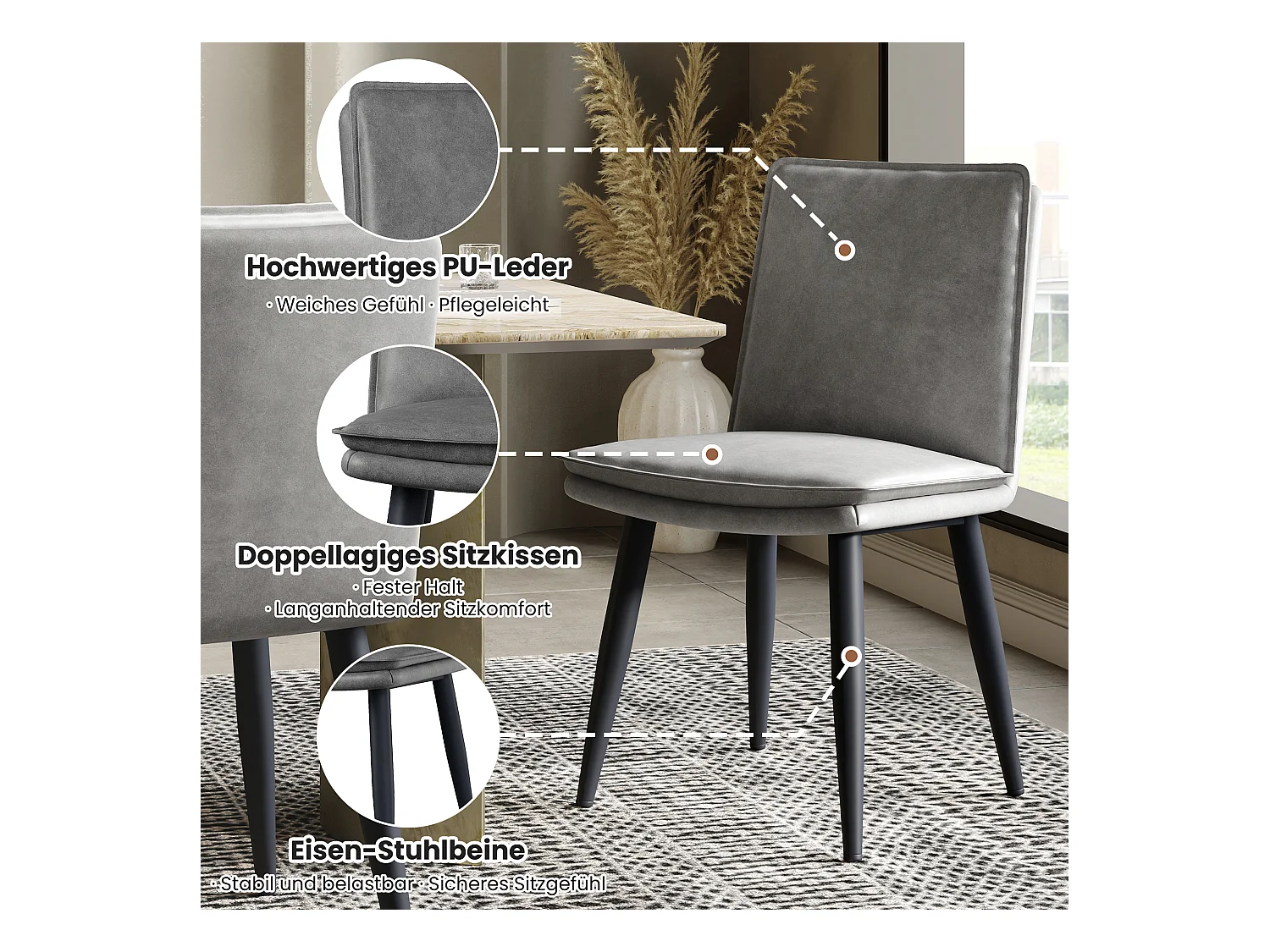 Lot de 2 chaises de salle à manger en PU - coussins double couche - 49 x 57 x 84 cm - PU - gris