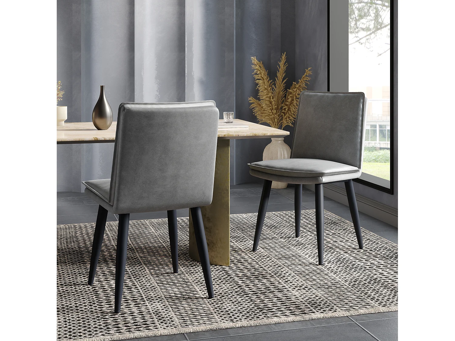 Lot de 2 chaises de salle à manger en PU - coussins double couche - 49 x 57 x 84 cm - PU - gris