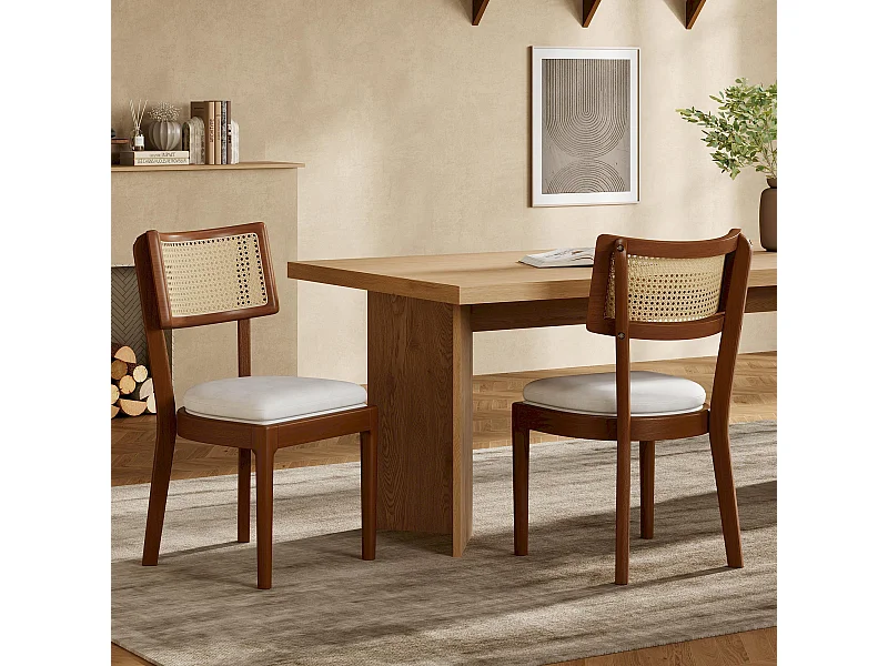 Juego de 2 sillas de comedor de madera maciza con respaldo de ratán - cojín de terciopelo - 50 x 58 x 88 cm - marrón