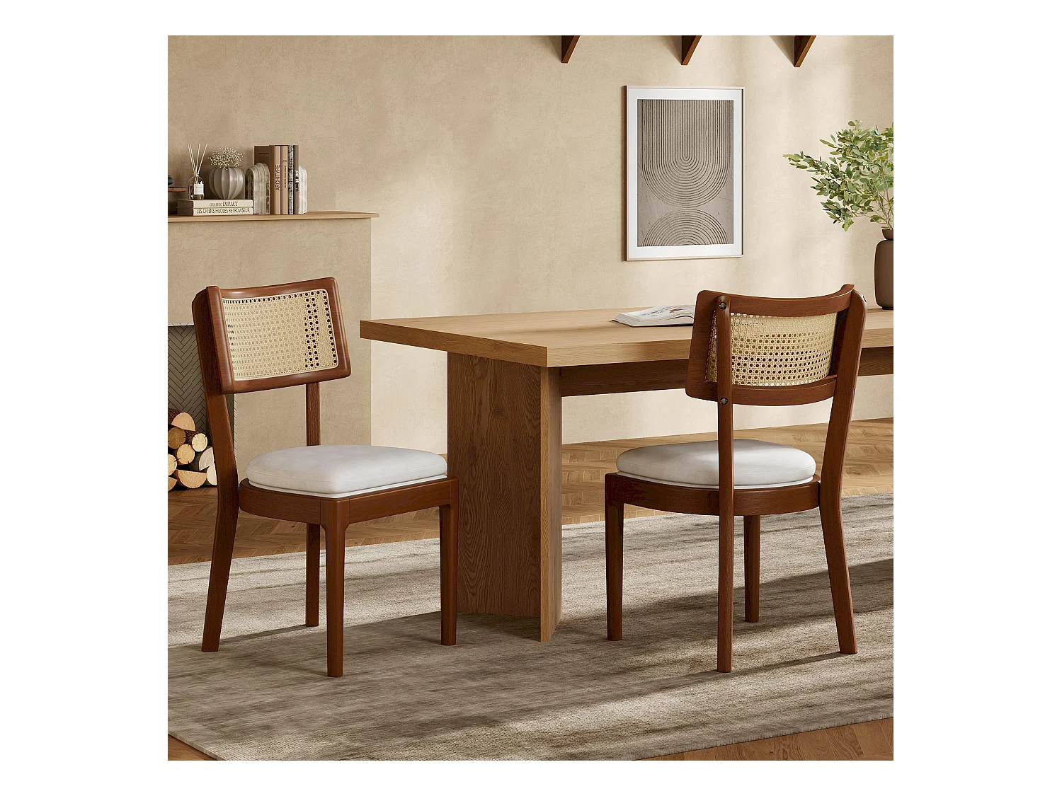 Set van 2 eetkamerstoelen van massief hout met rotan rugleuning - fluwelen kussen - 50 x 58 x 88 cm - bruin