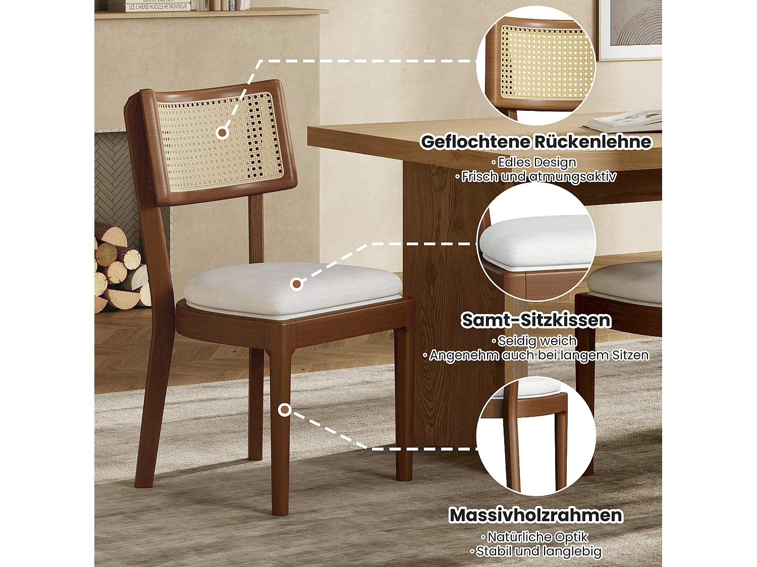 2er-Set Esszimmerstühle aus Massivholz mit Rattan-Rückenlehne - Samtkissen - 50 x 58 x 88 cm - Braun