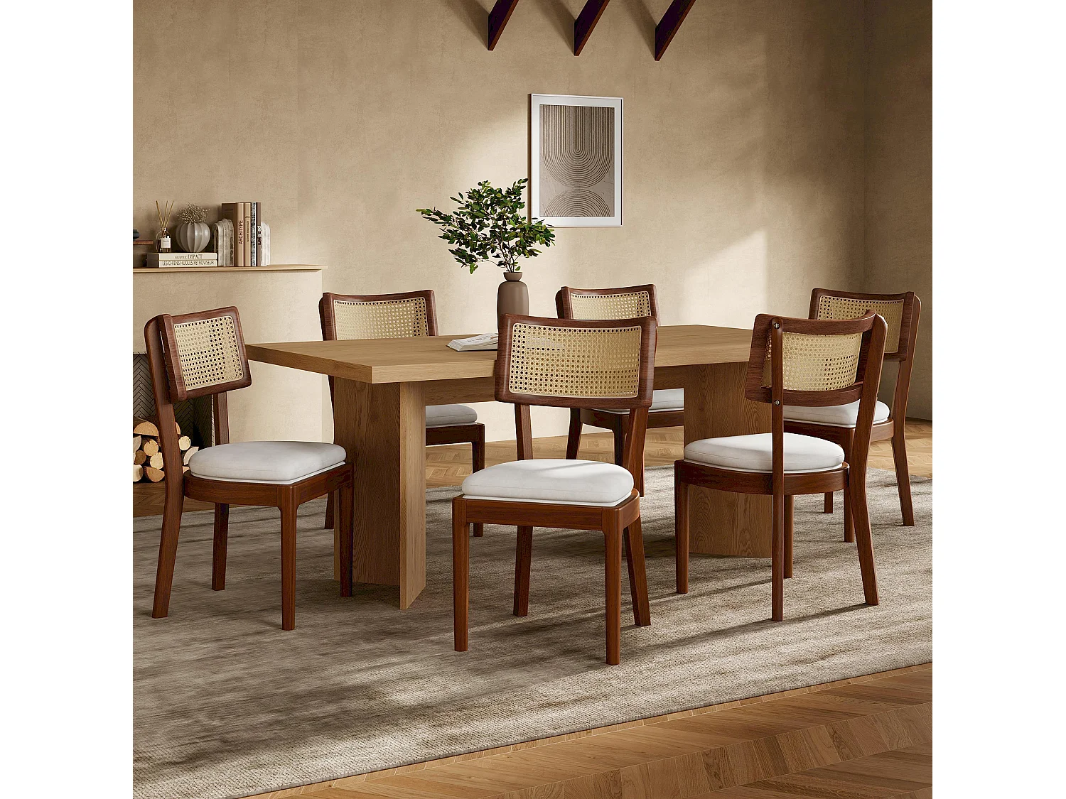 Lot de 2 chaises de salle à manger en bois massif avec dossiers en rotin - coussin en velours - 50 x 58 x 88 cm - marron