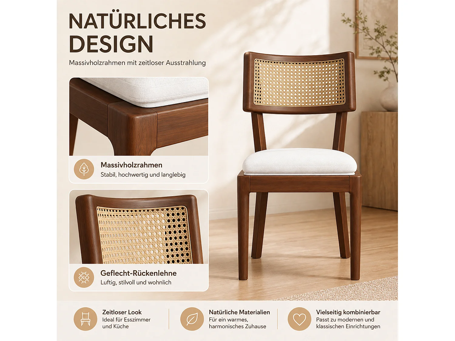Lot de 2 chaises de salle à manger en bois massif avec dossiers en rotin - coussin en velours - 50 x 58 x 88 cm - marron