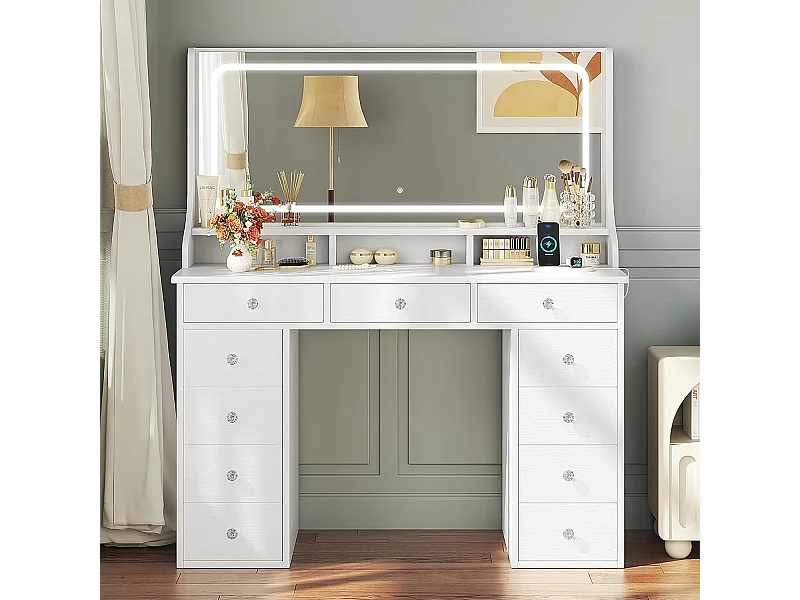 Dripex Toilettentafel met verlichting en 11 laden, grote LED-spiegel (110 cm) en stopcontact, voor slaapkamer en toiletkamer, wit