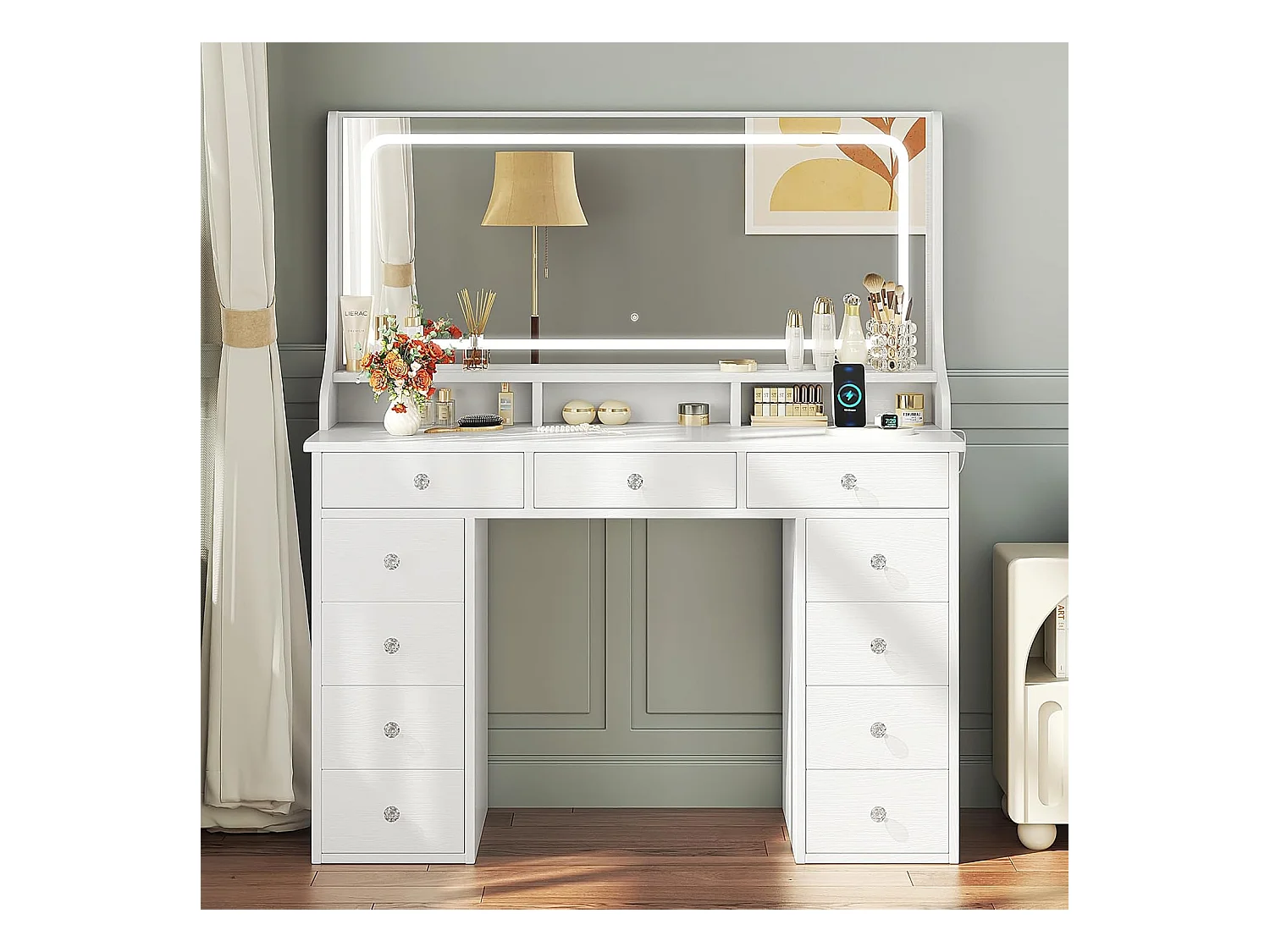 Dripex Toilettentafel met verlichting en 11 laden, grote LED-spiegel (110 cm) en stopcontact, voor slaapkamer en toiletkamer, wit