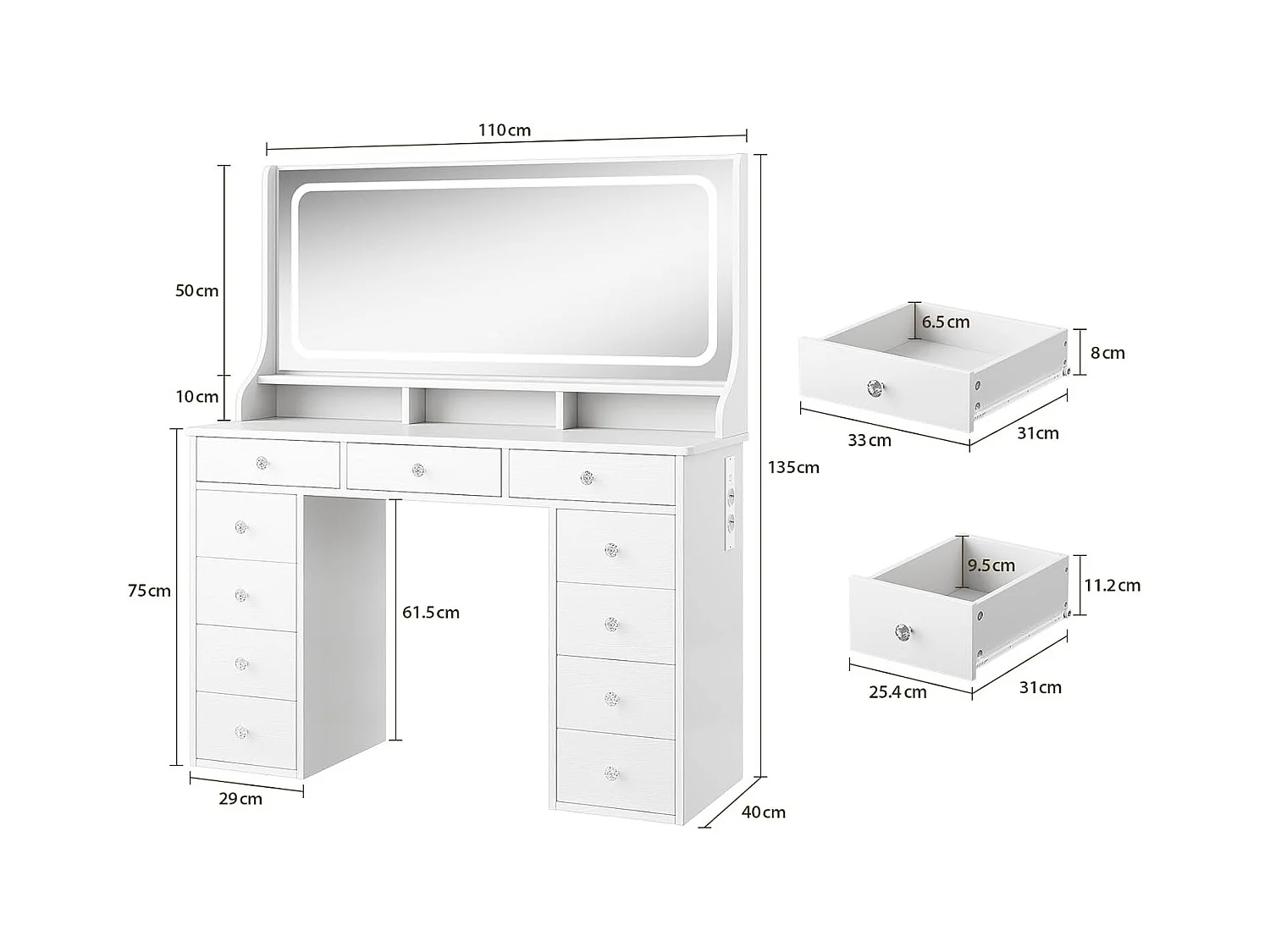 Dripex Toilettentafel met verlichting en 11 laden, grote LED-spiegel (110 cm) en stopcontact, voor slaapkamer en toiletkamer, wit