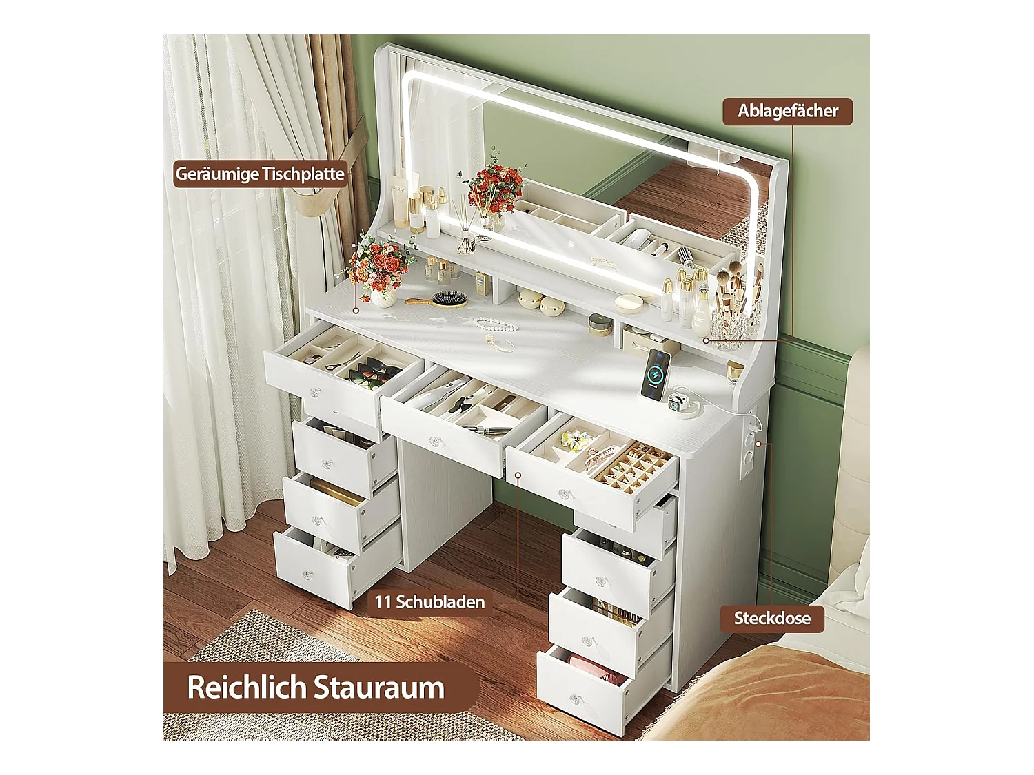 Dripex Toilettentafel met verlichting en 11 laden, grote LED-spiegel (110 cm) en stopcontact, voor slaapkamer en toiletkamer, wit