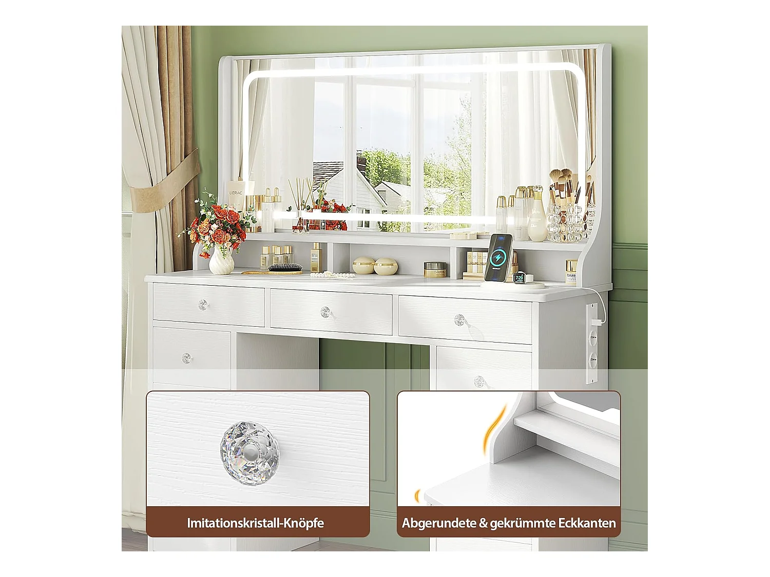 Dripex Toilettentafel met verlichting en 11 laden, grote LED-spiegel (110 cm) en stopcontact, voor slaapkamer en toiletkamer, wit