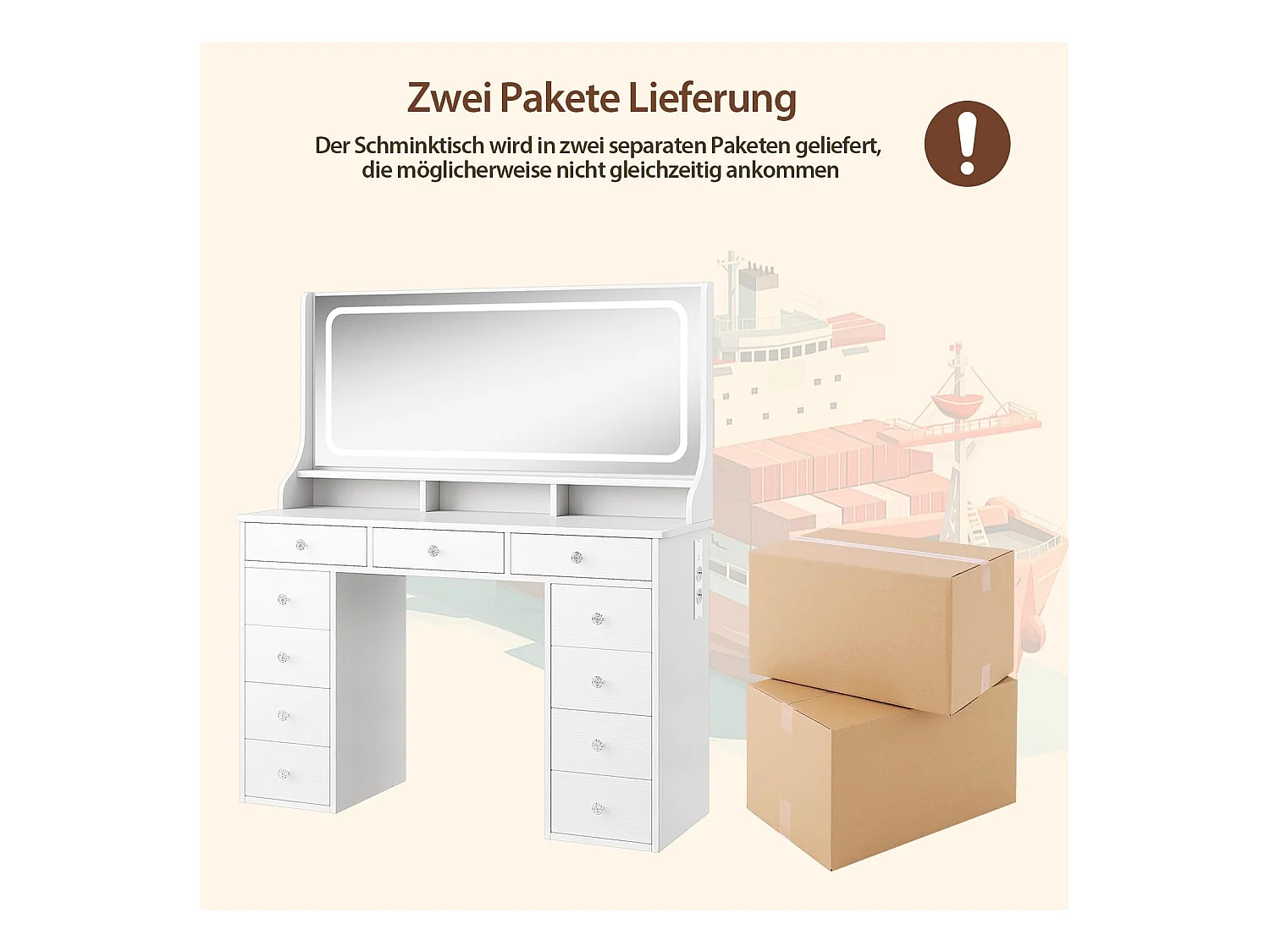 Dripex Toilettentafel met verlichting en 11 laden, grote LED-spiegel (110 cm) en stopcontact, voor slaapkamer en toiletkamer, wit