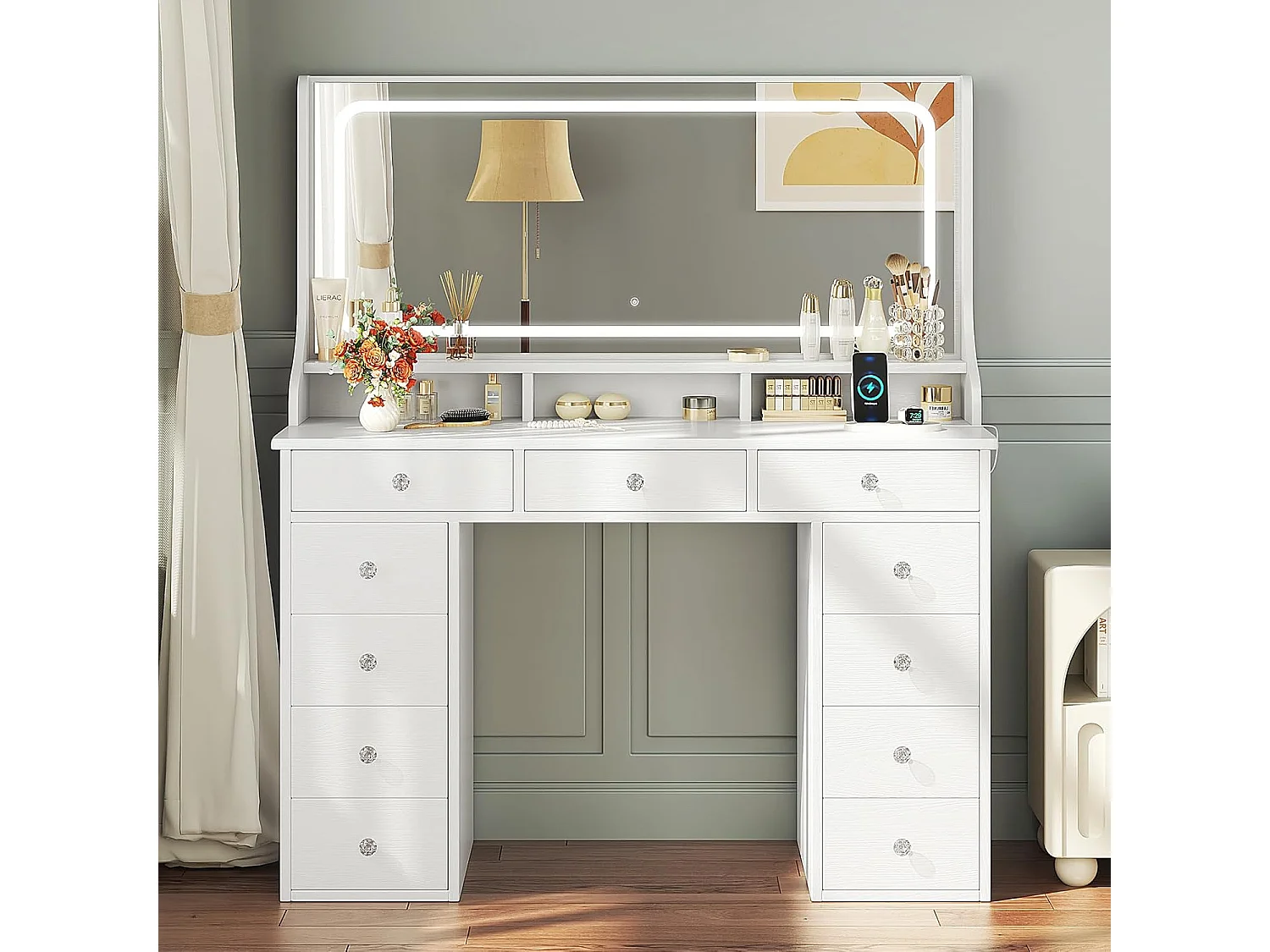 Dripex Toilettentafel met verlichting en 11 laden, grote LED-spiegel (110 cm) en stopcontact, voor slaapkamer en toiletkamer, wit