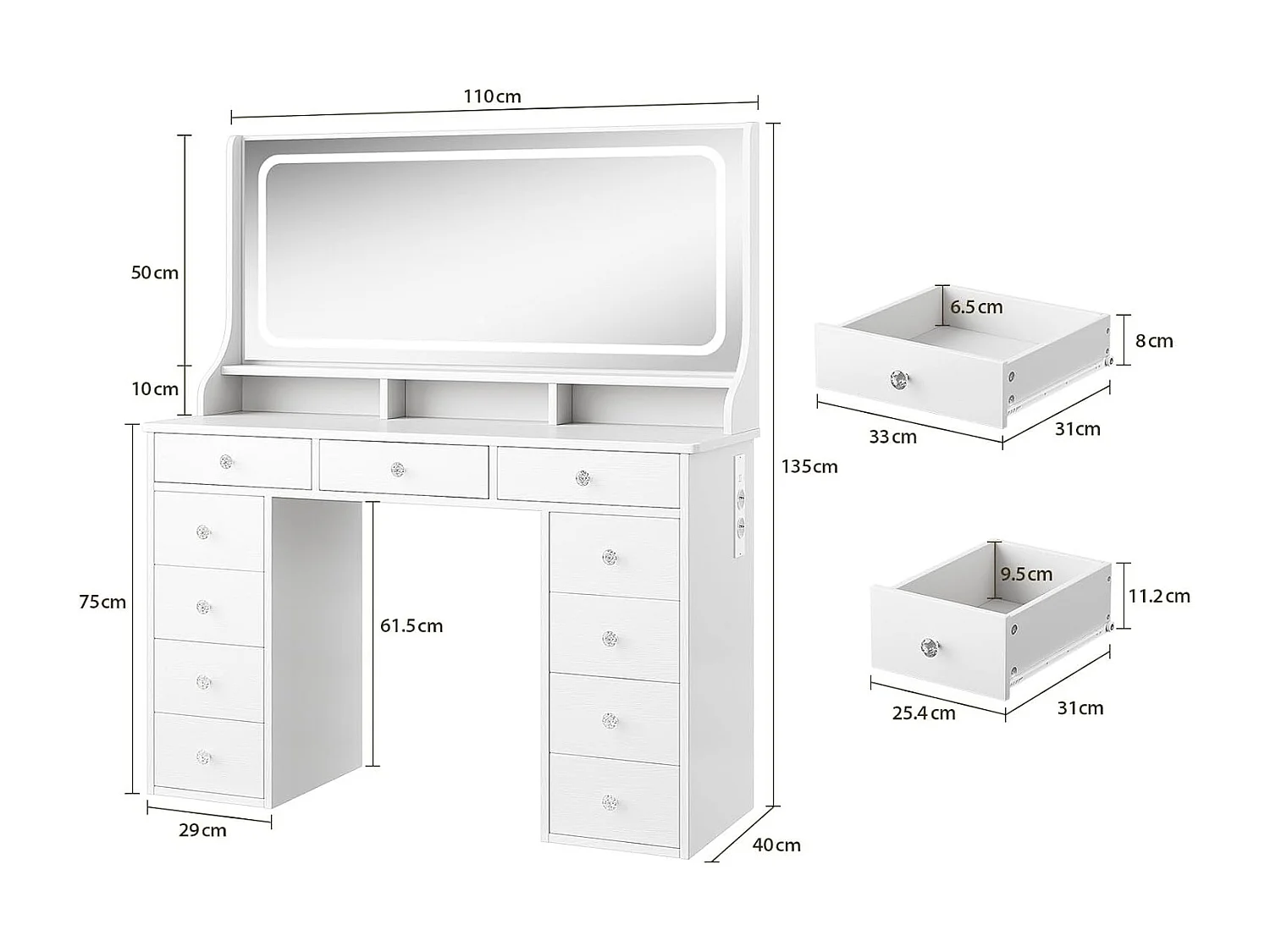 Dripex Toilettentafel met verlichting en 11 laden, grote LED-spiegel (110 cm) en stopcontact, voor slaapkamer en toiletkamer, wit