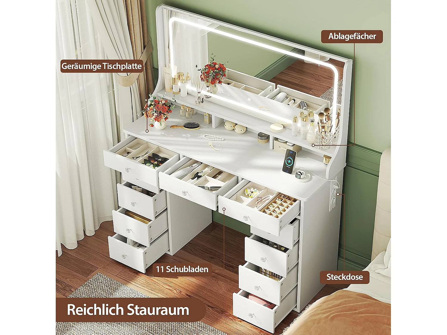 Dripex Toilettentafel met verlichting en 11 laden, grote LED-spiegel (110 cm) en stopcontact, voor slaapkamer en toiletkamer, wit