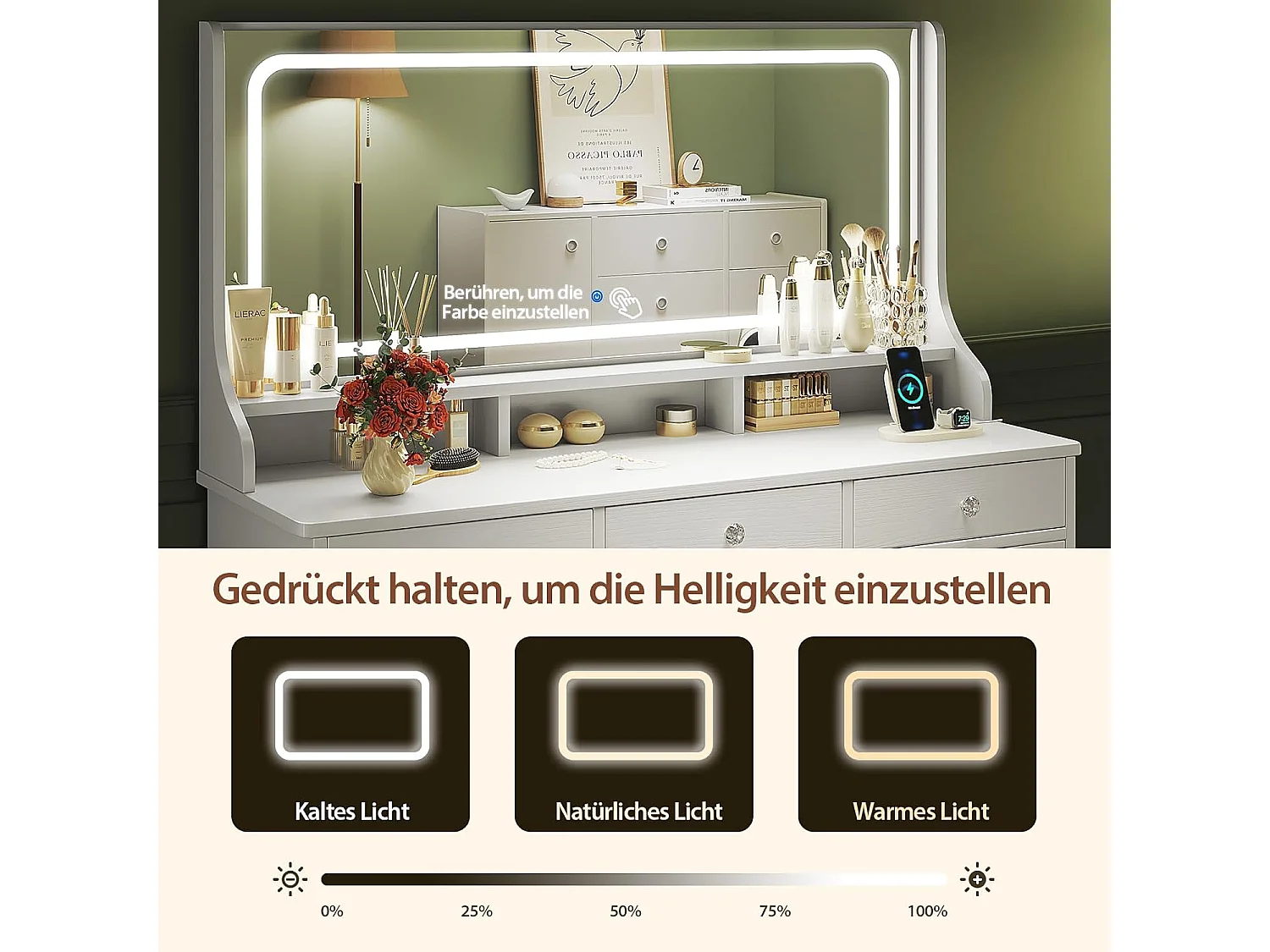 Dripex Toilettentafel met verlichting en 11 laden, grote LED-spiegel (110 cm) en stopcontact, voor slaapkamer en toiletkamer, wit