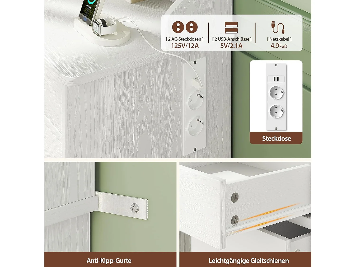 Dripex Toilettentafel met verlichting en 11 laden, grote LED-spiegel (110 cm) en stopcontact, voor slaapkamer en toiletkamer, wit