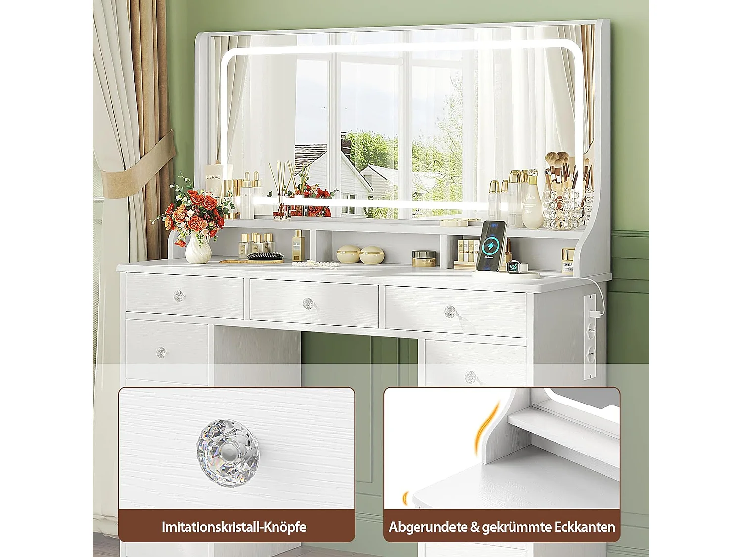 Dripex Toilettentafel met verlichting en 11 laden, grote LED-spiegel (110 cm) en stopcontact, voor slaapkamer en toiletkamer, wit