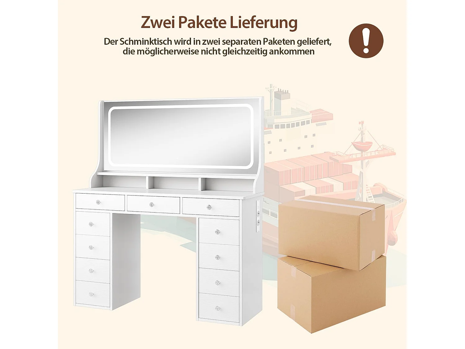 Dripex Toilettentafel met verlichting en 11 laden, grote LED-spiegel (110 cm) en stopcontact, voor slaapkamer en toiletkamer, wit