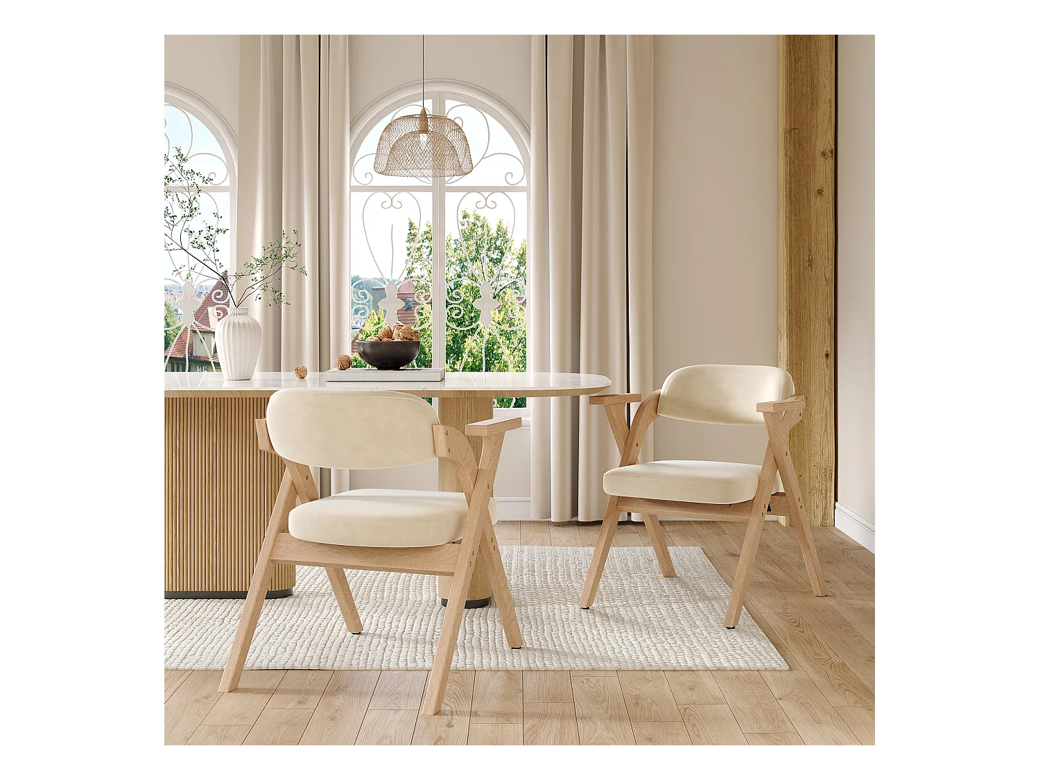 2er-Set klappbare Esszimmerstühle - klappbar und verstaubar - Samtkissen - 64,5 x 66,5 x 73 cm - Holz - Beige