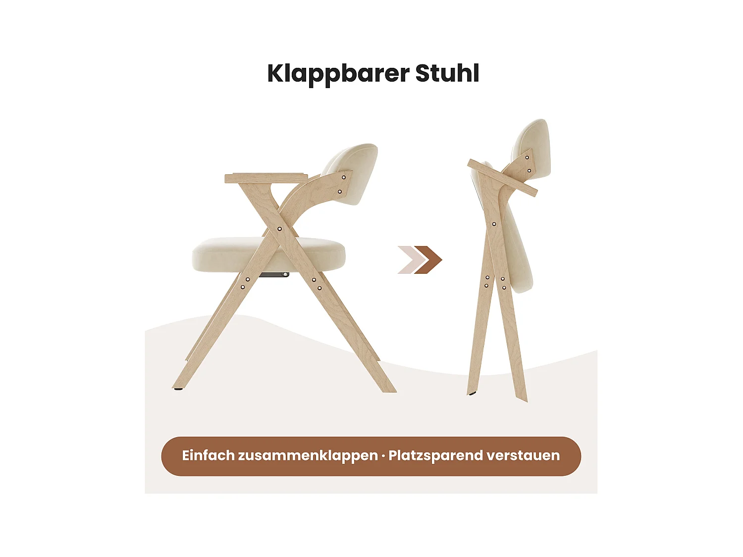 2er-Set klappbare Esszimmerstühle - klappbar und verstaubar - Samtkissen - 64,5 x 66,5 x 73 cm - Holz - Beige