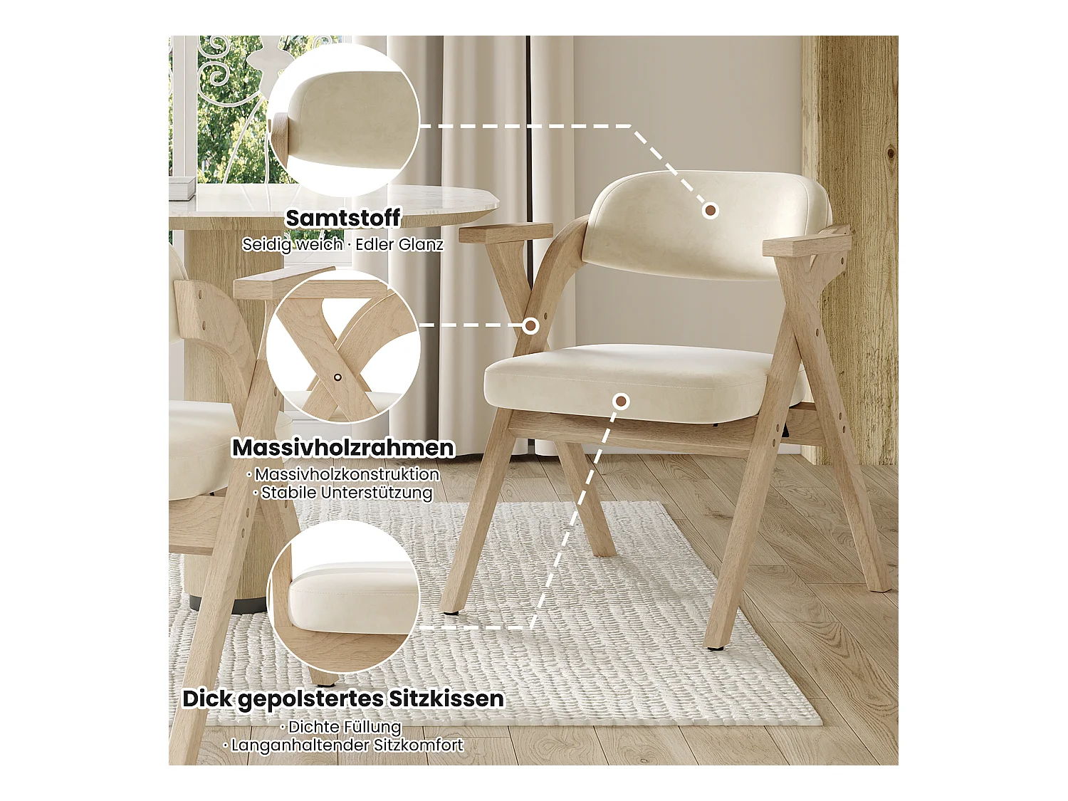 2er-Set klappbare Esszimmerstühle - klappbar und verstaubar - Samtkissen - 64,5 x 66,5 x 73 cm - Holz - Beige