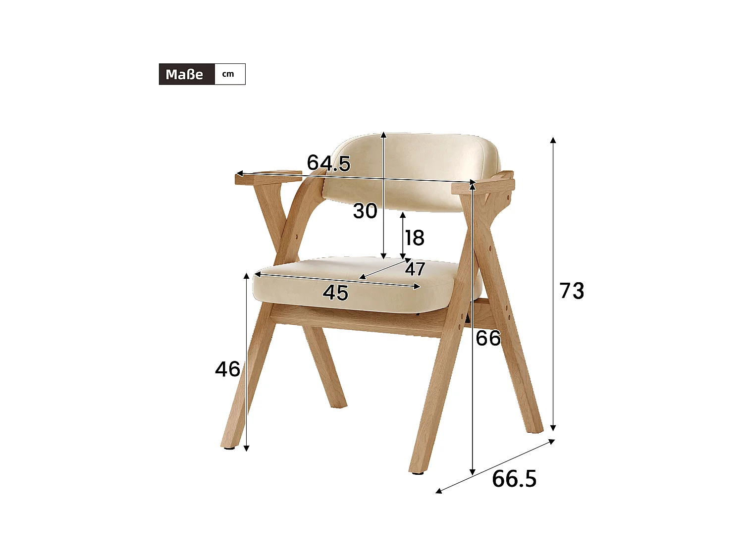 2er-Set klappbare Esszimmerstühle - klappbar und verstaubar - Samtkissen - 64,5 x 66,5 x 73 cm - Holz - Beige