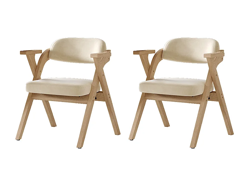 Set van 2 opvouwbare eetkamerstoelen - opvouwbaar en opbergbaar - fluwelen kussen - 64,5 x 66,5 x 73 cm - hout - beige