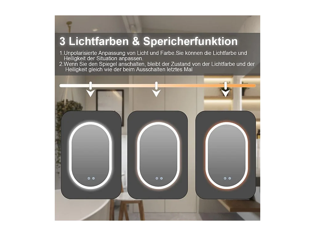 Miroir de Salle de Bain YOLEO avec Éclairage - Miroir Mural Ovale 70 x 50 cm Anti-Buée, Commande Tactile, 3 Couleurs de Lumière