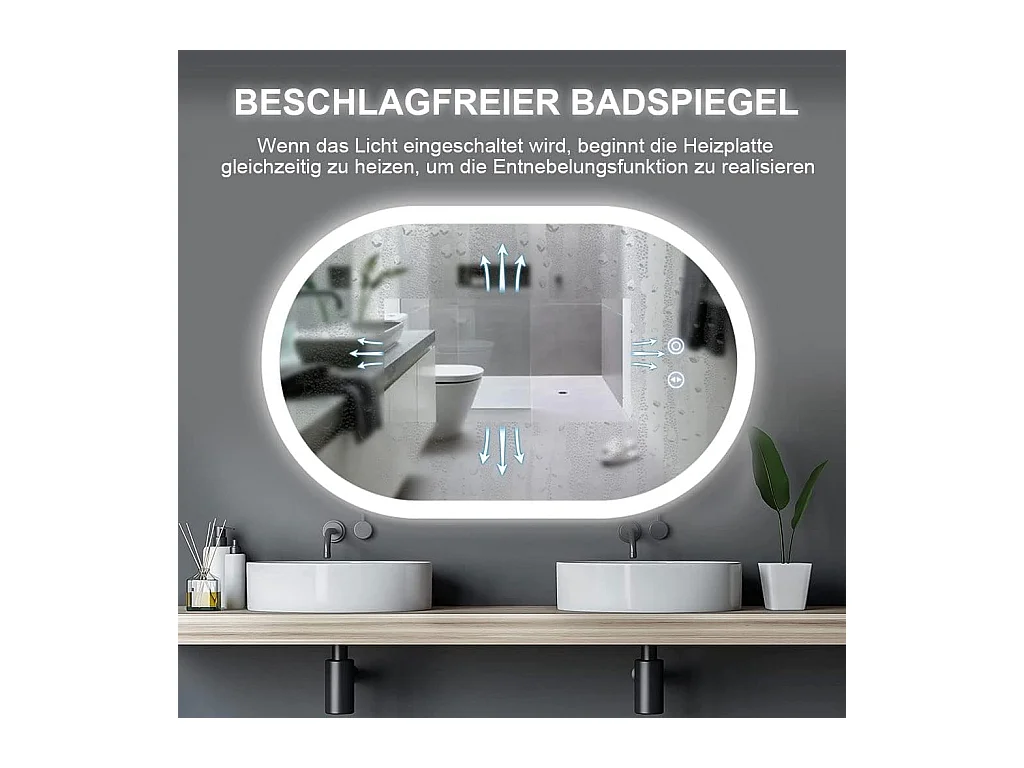 Miroir de Salle de Bain YOLEO avec Éclairage - Miroir Mural Ovale 70 x 50 cm Anti-Buée, Commande Tactile, 3 Couleurs de Lumière