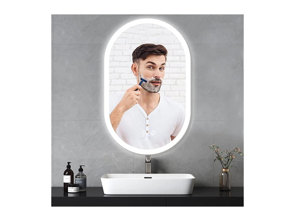 Miroir de Salle de Bain YOLEO avec Éclairage - Miroir Mural Ovale 70 x 50 cm Anti-Buée, Commande Tactile, 3 Couleurs de Lumière