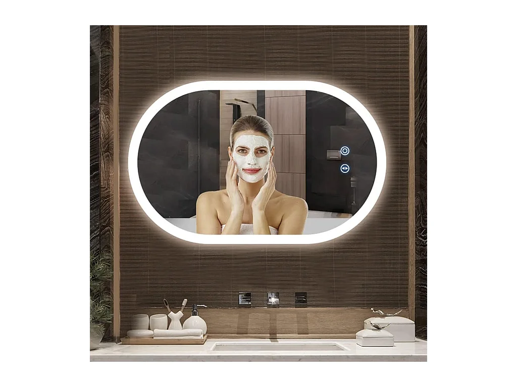 Miroir de Salle de Bain YOLEO avec Éclairage - Miroir Mural Ovale 70 x 50 cm Anti-Buée, Commande Tactile, 3 Couleurs de Lumière