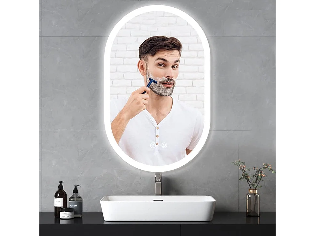 Miroir de Salle de Bain YOLEO avec Éclairage - Miroir Mural Ovale 70 x 50 cm Anti-Buée, Commande Tactile, 3 Couleurs de Lumière