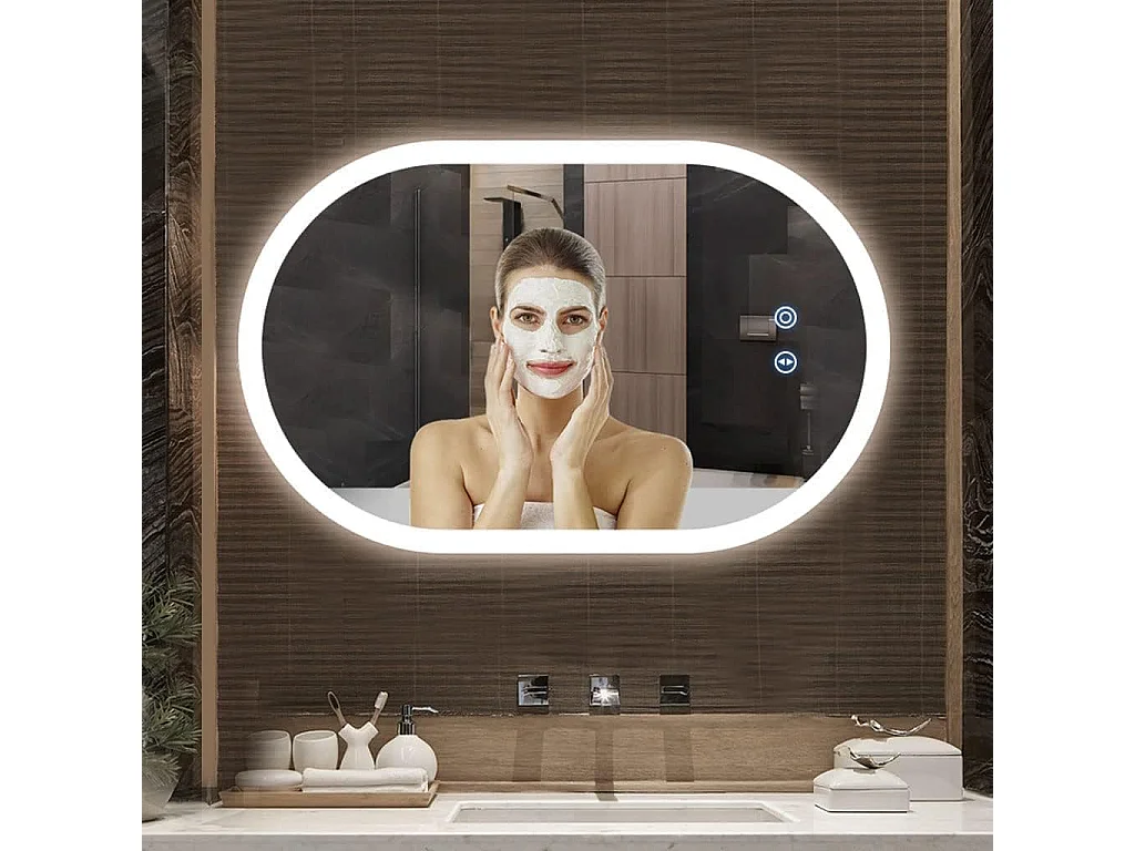 Miroir de Salle de Bain YOLEO avec Éclairage - Miroir Mural Ovale 70 x 50 cm Anti-Buée, Commande Tactile, 3 Couleurs de Lumière