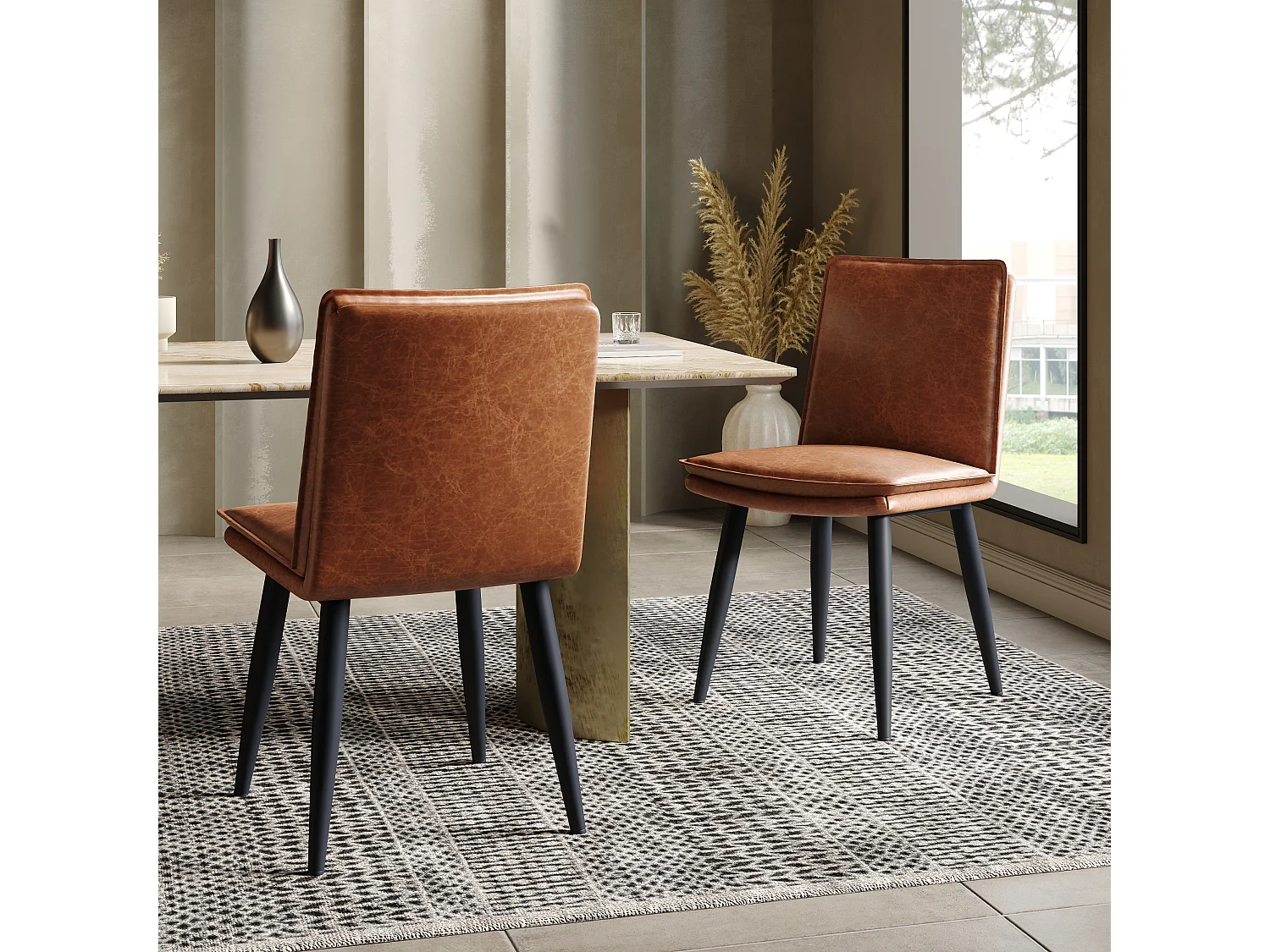 Set van 2 PU eetkamerstoelen - dubbele laag kussens - 49 x 57 x 84 cm - PU - bruin