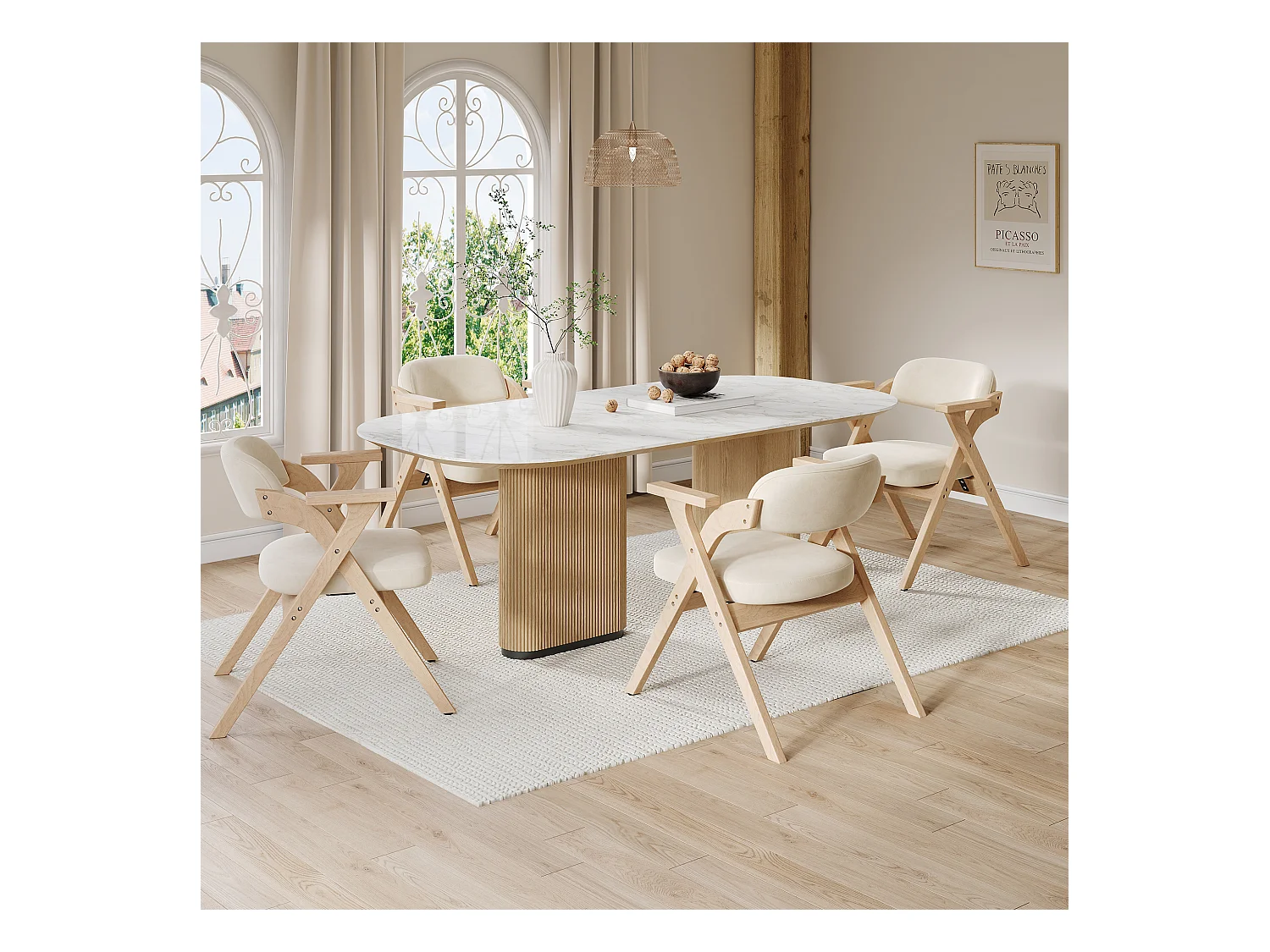 Lot de 6 chaises de salle à manger pliantes - pliables et rangeables - coussin en velours - 64.5 x 66.5 x 73 cm - bois - beige